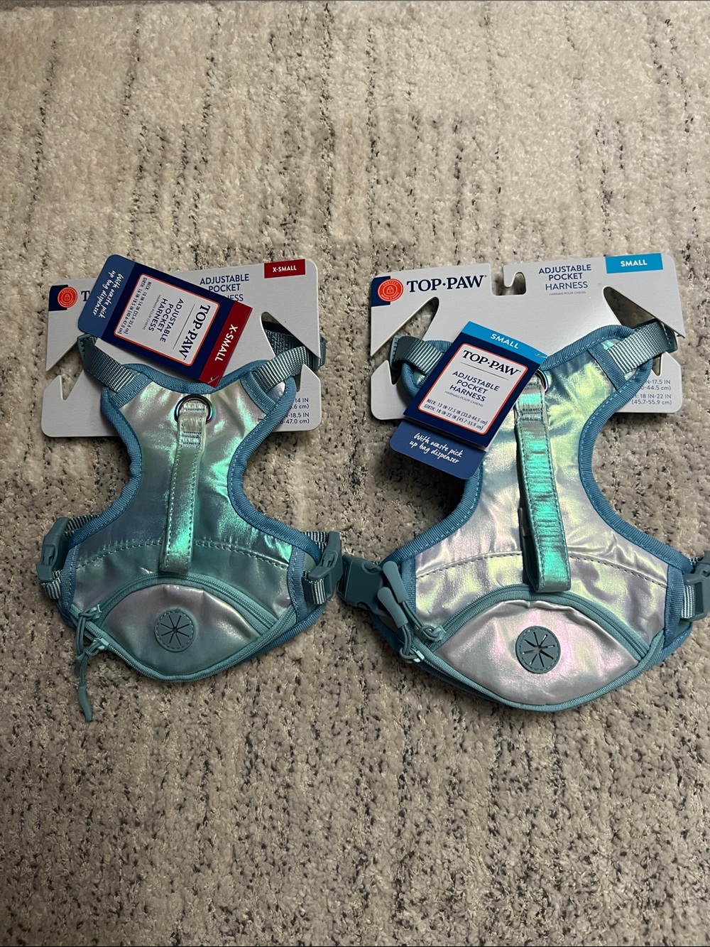 Two blue iridescent dog harnesses Small and XS extra small